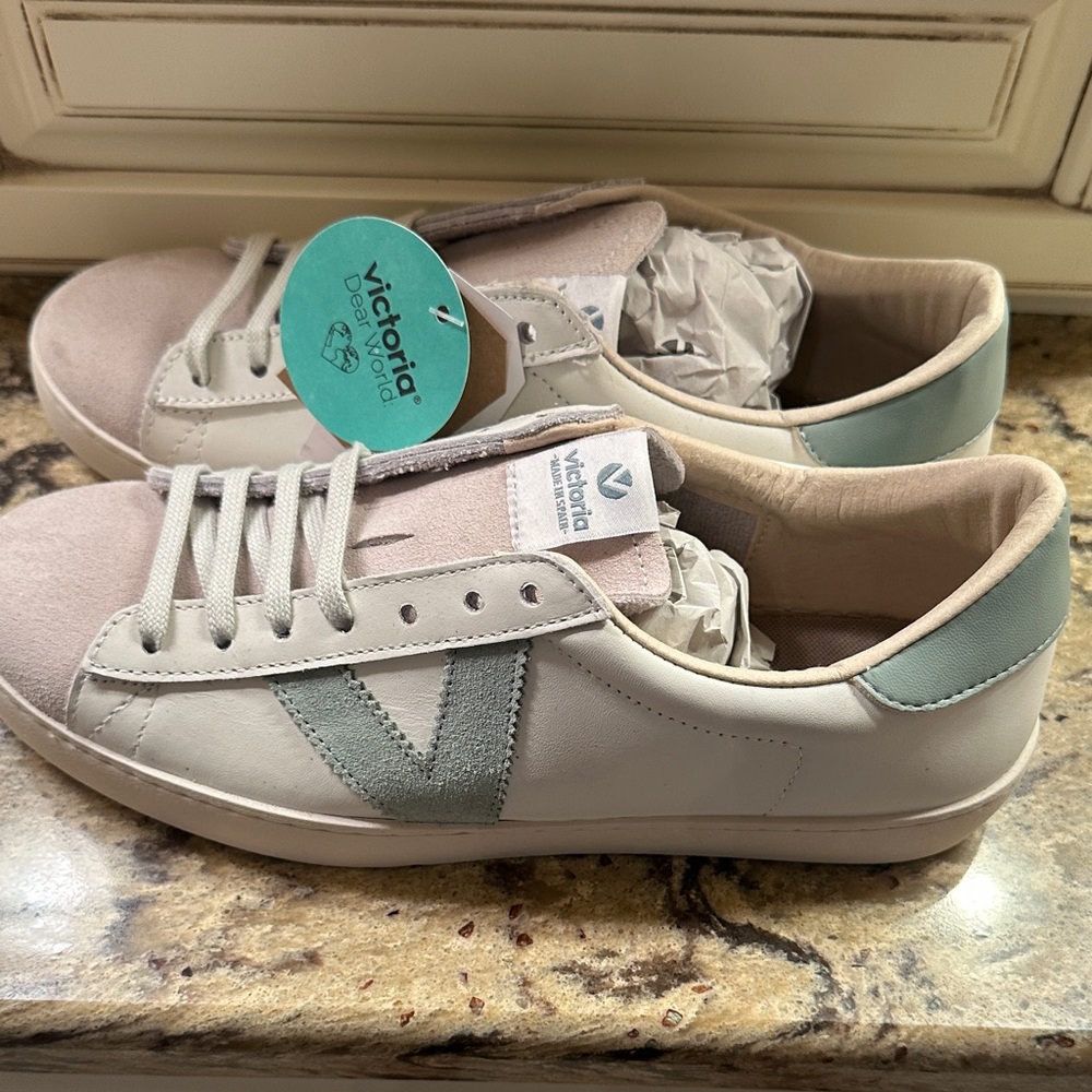 Women's White and Green Sneakers
